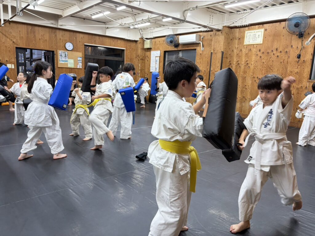 ミットに向かって突きや蹴りを練習する子どもたち